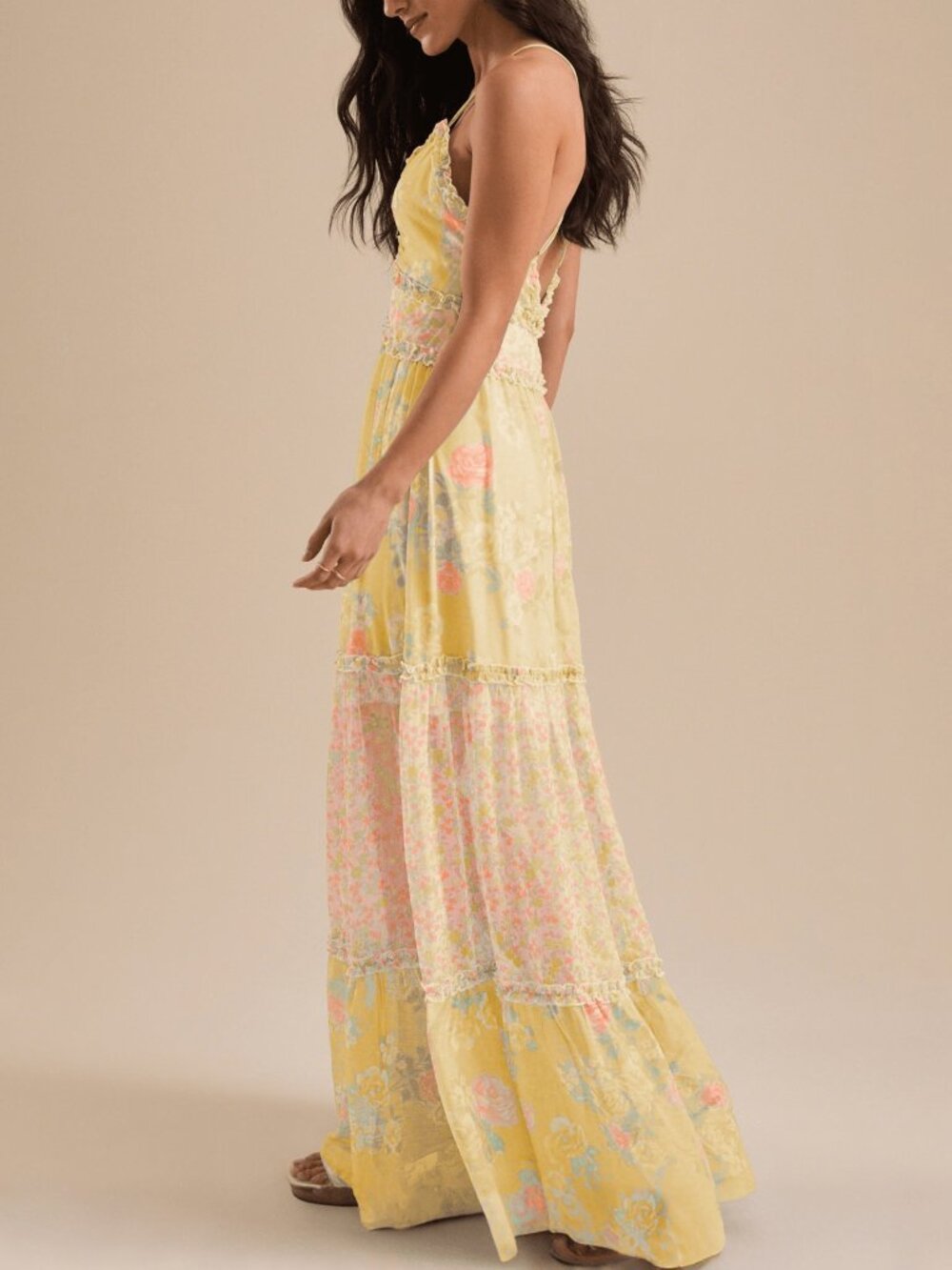 Light Yellow Boho Women's Floral Cami Sleeveless V-Neck Flowy A-Line Party Dress - Picture 2 of 4